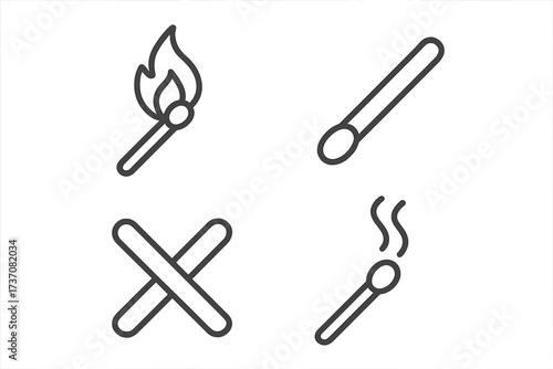 Matchstick icon set. Minimal line art pictogram collection. Burning match with fire, new match, extinguished with smoke, and crossed matchsticks for a stop or warning sign. Vector.