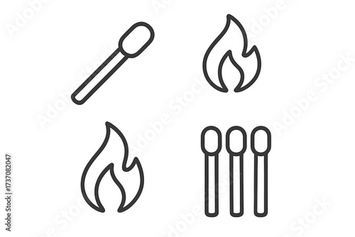 Matchstick and fire flame line icon set. Simple outline vector illustration of a burning match. Ignition, flammable, and danger symbol. Minimal pictogram for web and app design.