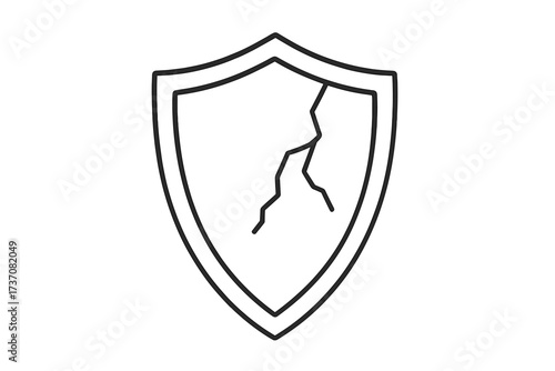 Cracked shield icon. Vulnerability, risk, and security failure concept. Metaphor for data breach, broken protection, danger, and system error. Simple line art vector.