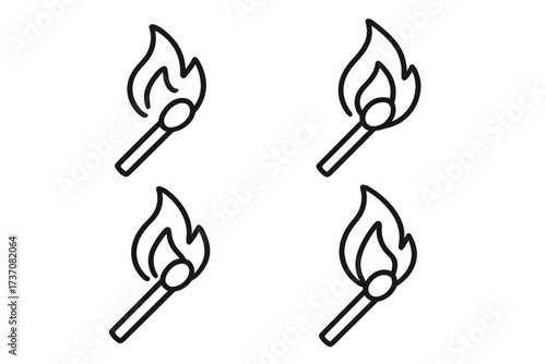 Burning matchstick outline icon set. Simple fire flame line art symbol. Vector illustration for web, apps. Concept of ignition, heat, energy, danger. Minimalist pictogram.