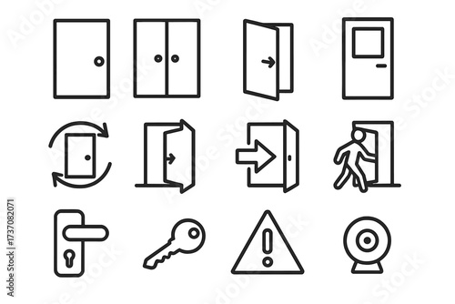 Door icon set. Entrance and exit line icons. Security, access control, key, lock, handle, warning sign, emergency exit and webcam surveillance. Vector outline pictogram collection.