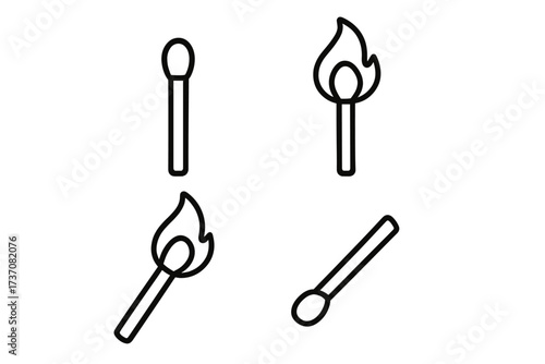 Matchstick vector icon set. Outline symbol collection of a burning match with fire flame. Process of lighting and extinguishing. Simple line art for web and graphic design.