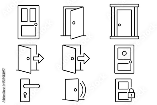 Door line icon set. Vector outline symbols for entrance, exit, open, close, and security. Editable stroke pictogram collection for web design, apps, and UI UX projects.