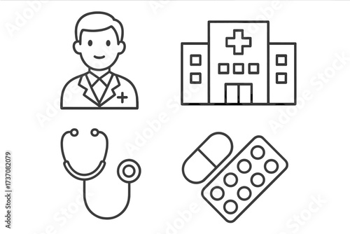 Healthcare and medicine thin line icon set. Doctor, hospital, stethoscope, and pills. Medical symbols for web design, UI, UX, and infographics. Simple vector outline illustration.