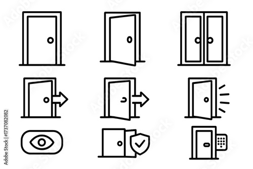 Door line icon set. Entrance, exit and home security concepts. Simple vector pictograms for web design, apps, user interface, UX. Fully editable stroke for customization.