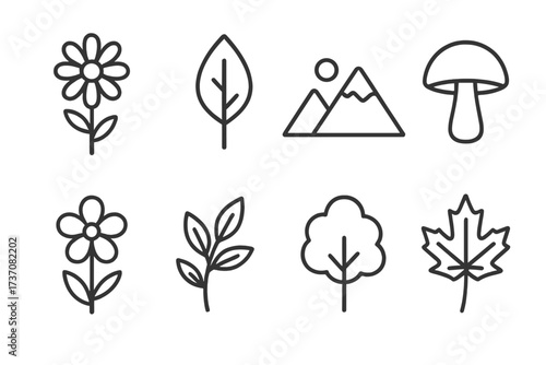 Nature icon set. Minimalist thin line icons bundle for parks and outdoors. Includes flower, leaf, mountain, mushroom, tree, maple. Vector graphic symbols for web and apps.