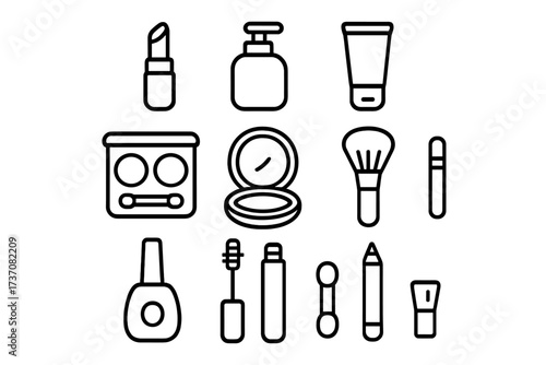 Beauty cosmetics line icon set. Vector symbols pack for web and graphic design. Makeup outline pictograms collection. Lipstick, mascara, eyeshadow, powder, nail polish.