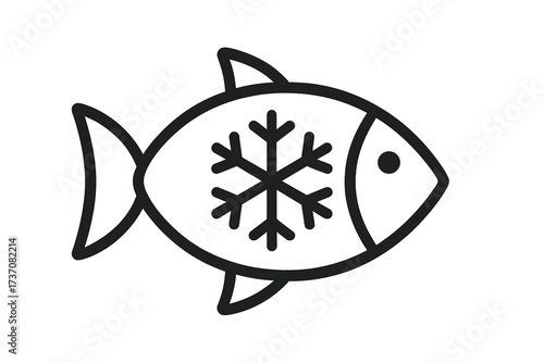 Frozen fish icon symbol vector. Seafood outline logo concept. Fresh cold food for packaging, market, restaurant menu. Winter fishing sign. Snowflake on fish silhouette.