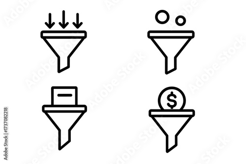 Sales funnel vector icon set for business and marketing. Lead generation, data filtering, conversion, and monetization process symbols. E-commerce payment and profit icons.