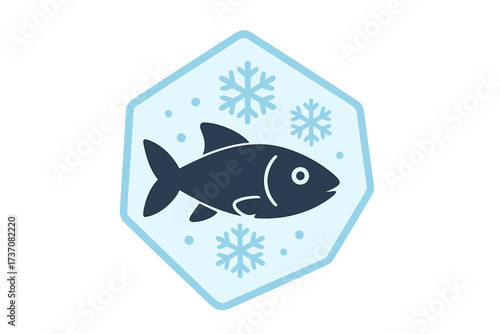 Frozen fish icon for seafood industry. Cold storage symbol for food packaging. Fresh fish product logo with snowflakes for grocery store, fish market. Vector flat illustration.