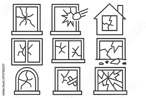 Broken window line icon set. Cracked glass outline signs. Vandalism and accident concept symbols. House damage, repair. Shattered glass vector illustration for web, app design.