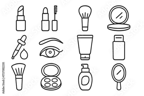 Beauty and makeup line icon set. Cosmetics, skincare, and glamor symbols. Vector outline collection for web and apps. Includes lipstick, mascara, brush, powder, and eyeshadow.