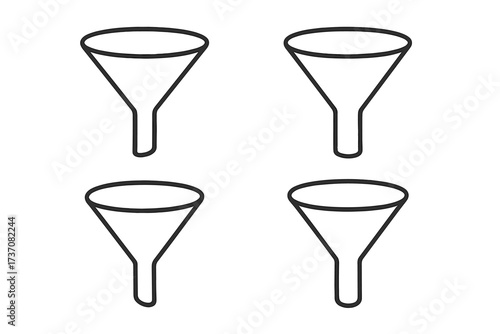 Set of funnel line icons for marketing and sales. Concept for data filtering, conversion process, lead generation, and customer journey. Vector illustration for business analysis.
