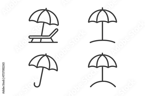 Beach umbrella and sun lounger line icon set. Summer vacation, holiday and travel concept. Sunshade, parasol for sun protection. Outline pictogram collection. Editable stroke.