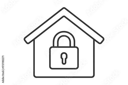 Home security icon with house and padlock. Concept for property protection, safety, and insurance. Secure house, real estate safety, and private property concept. Vector line art symbol.