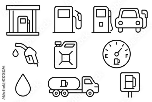 Gas station line icon set. Fuel pump, car, tanker truck, and canister symbols. Petrol, diesel and energy concept. Editable stroke vector illustration for web and apps.
