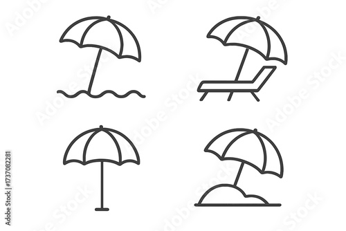 Beach umbrella and sunshade line icon set for summer vacation. Vector symbols of a parasol in the sand, with a lounge chair, and in the sea. Thin, editable stroke design.