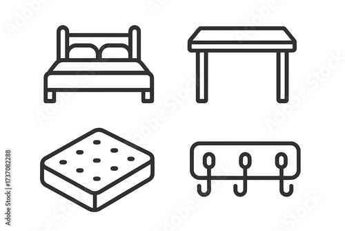 Furniture line icon set. Bed, table, mattress, coat hook vector icons. Home interior, decor elements. Household outline pictograms for web, mobile app design. Editable stroke.