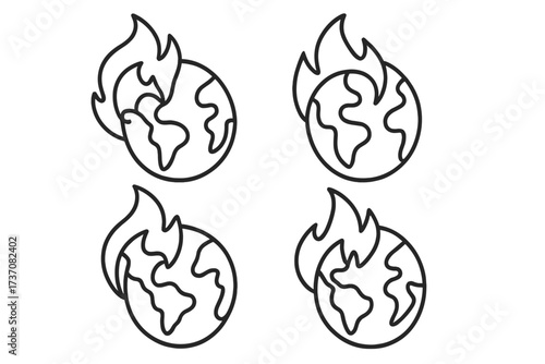 Global warming line icon set. Planet Earth on fire. Metaphor for climate change, environmental disaster, and ecological catastrophe. Burning world outline vector illustration.