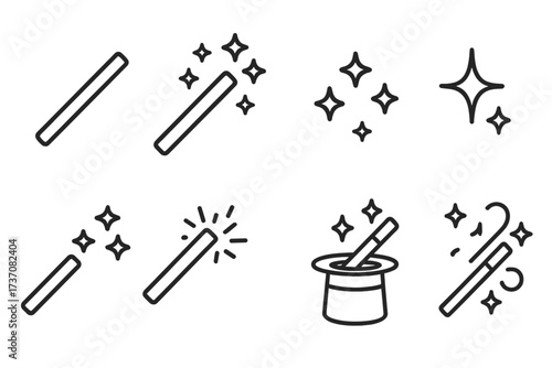 Magic wand icon set with sparkling stars, editable stroke vector illustrations for web design, apps, books, cards, cartoon style, transparent background, ordered collection