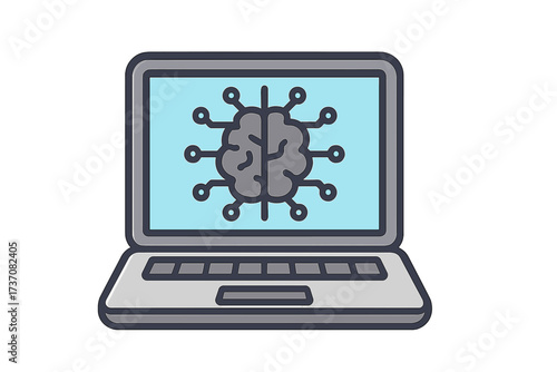Artificial intelligence concept. Laptop with digital brain icon on screen. Metaphor for machine learning, neural networks, data science, algorithm processing and future tech.