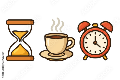 Cartoon Line Icon Set of Time Concepts and Daily Routine Symbols with Hourglass, Coffee Break, Alarm Clock, Vector Illustrations for Apps and Graphics with Transparent Background