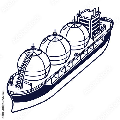 Illustration of a large cargo ship carrying three spherical tanks for transporting liquids or gases