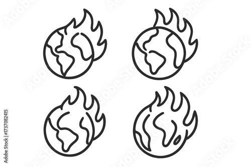 Planet on fire line icon set. Global warming, climate change concept. Earth burning vector illustration. Outline symbol for environmental disaster, catastrophe, hot temperature.