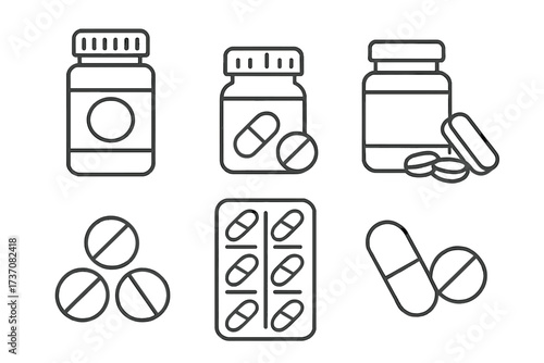 Medical pills thin line icon set. Pharmacy drug, tablet, capsule, vitamin bottle. Healthcare vector illustration. Medicine linear symbol pack editable stroke for web, apps.