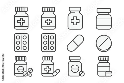 Medicine thin line icons set. Pharmacy drug symbols. Pill, capsule, tablet, vitamin, supplement, bottle, blister pack. Healthcare medical treatment concept vector illustration.