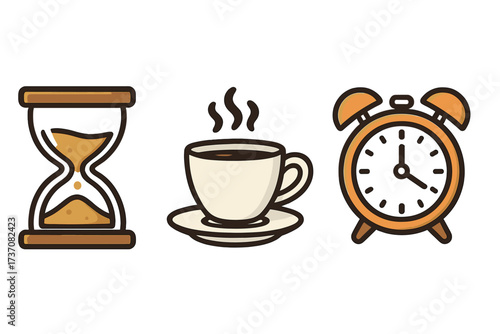 Line icon set of time concept with hourglass, steaming coffee cup for break, and retro alarm clock, vector cartoon illustration, time management, relaxation, productivity tools