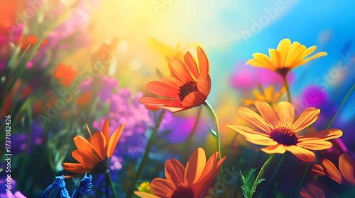 A field of vibrant orange, yellow and purple flowers basking in the warm glow of sunlight.