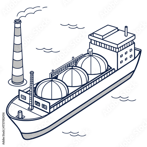 Illustration of a large cargo ship with spherical tanks alongside an industrial smokestack emitting smoke