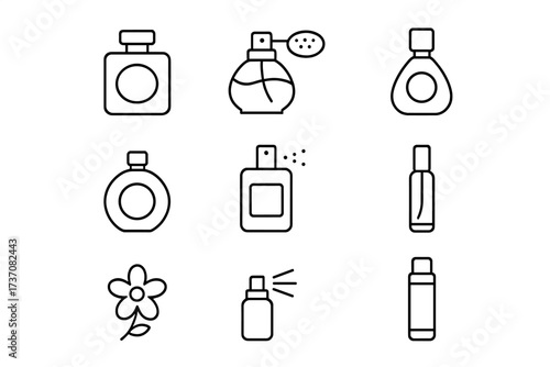 Perfume line icon set. Fragrance, scent, and cologne bottle collection. Vector icons for beauty and cosmetics. Includes atomizer, spray, and flower symbol. Editable stroke.