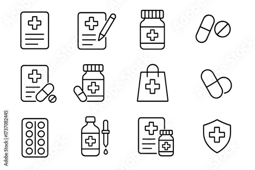 Medical Prescription Thin Icons Collection with Editable Stroke, Vector Cartoon Illustration of Medicine Bottles, Pills, Health Documents, and Pharmacy Bag for Web, Apps, Books, Cards