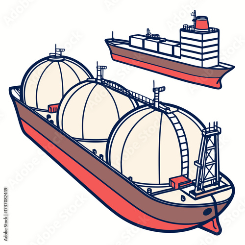 Illustration of a large cargo ship carrying spherical tanks and a container ship in the background