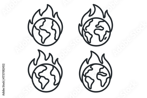 Planet earth on fire icon set. Global warming and climate change concept. World catastrophe, environmental disaster symbol. Ecology crisis, burning globe thin line vector illustration.