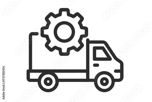 Minimalistic vector icon of delivery truck with gear symbol, cargo logistics, shipping transport concept, industrial services, technology and maintenance, cartoon style illustration