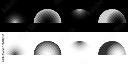 Half circle halftone dotted element vector. A versatile design asset for retro, pop art, and abstract themes. It provides a unique, textured look with a clean, semi-circular shape.