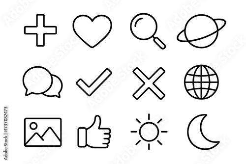 Basic interface thin line icon set. Universal UI linear symbols for web design, mobile app. Like, search, chat, planet, check, cross, globe, image, thumbs up, sun, moon signs.