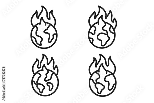 Planet on fire icon set. Global warming, climate change concept. Earth burning in flames metaphor. Environmental disaster, ecology crisis symbol. Vector outline illustration.