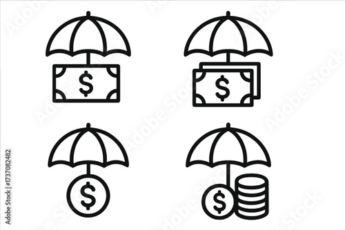 Money insurance line icon set with umbrella protection symbols, dollar bills and coins covered under financial security signs, vector illustration for graphic design, apps, adverts, cards