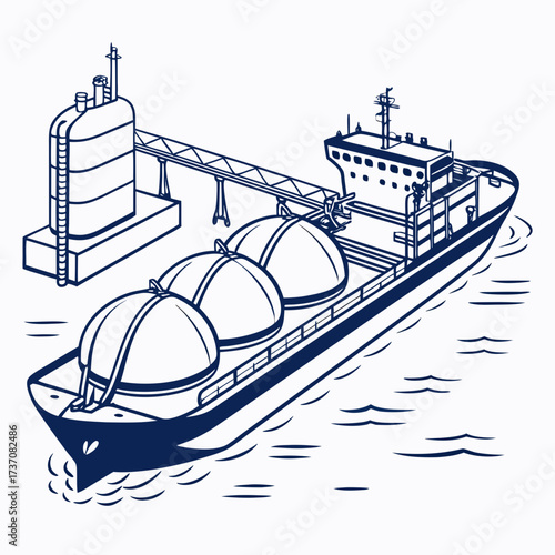 Illustration of a large cargo ship with spherical tanks docked at a facility with a loading bridge