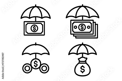 Money insurance line icon set, money under umbrella outline symbols, financial protection, dollar bills and coins safety concept, vector cartoon illustration for web design, apps, adverts, cards