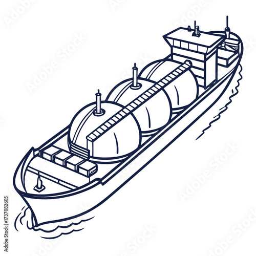 Illustration of a large lng tanker ship with spherical tanks sailing on the ocean
