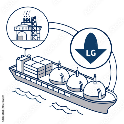 Illustration of a liquefied gas carrier ship transporting cargo and a symbol representing liquefied gas