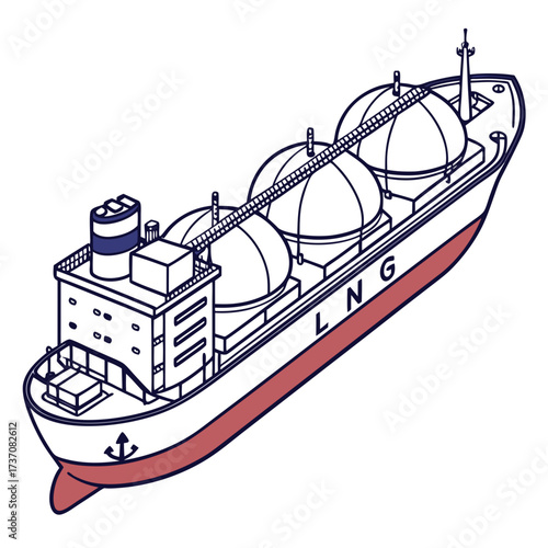 Illustration of a large lng carrier ship with three spherical tanks and the letters lng on its hull