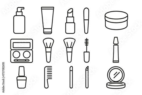 Beauty cosmetics line icon set. Makeup & skincare outline symbols. Vector graphic for web design. Lipstick, mascara, brush, powder, eyeshadow, foundation, nail polish, comb.