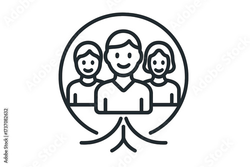 Teamwork icon of happy people group. Community, collaboration, business team symbol. Leadership, social network, family, user group avatar. Support and unity concept line art.