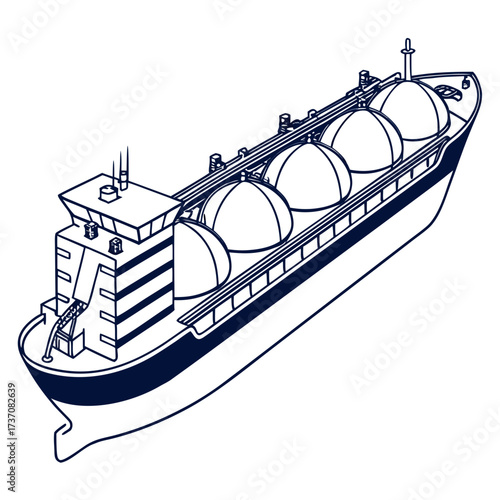 Illustration of a liquefied natural gas carrier ship with spherical cargo tanks and a detailed superstructure